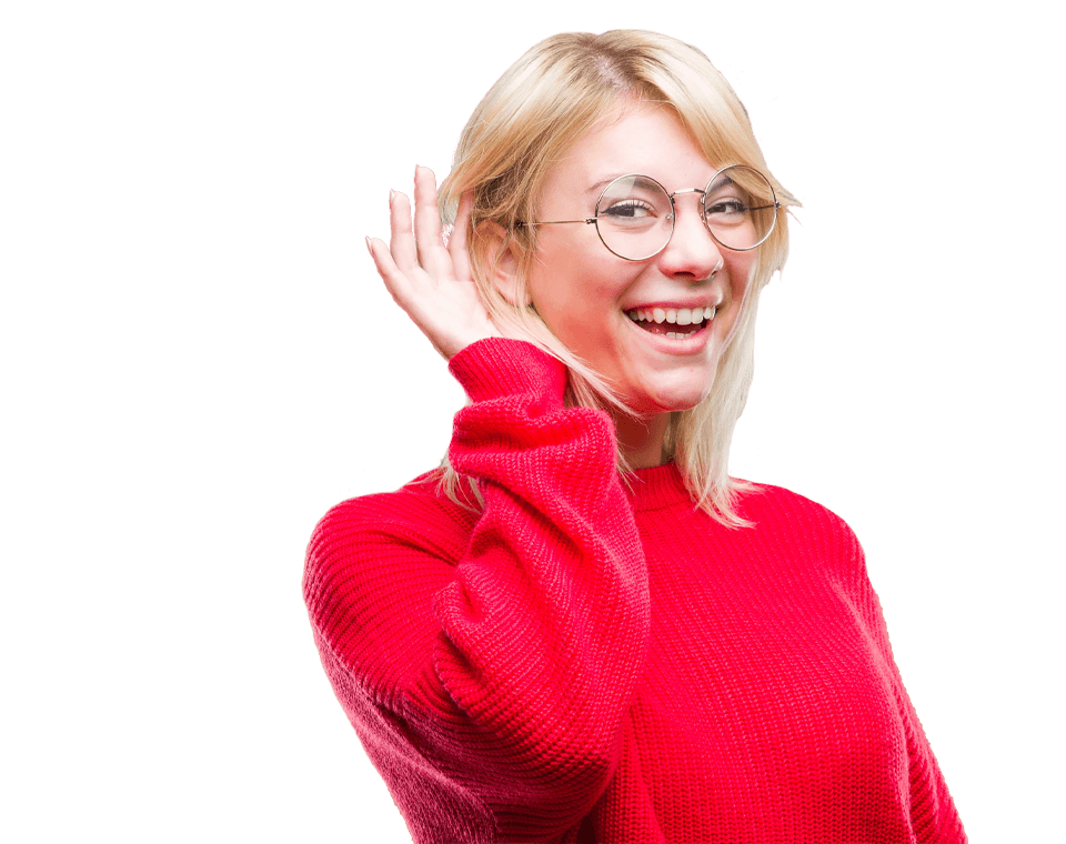 Woman with her hand held to her ear