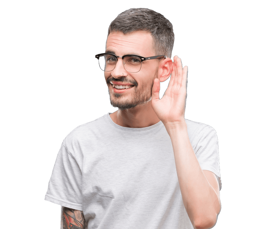 Man with his hand held to his ear