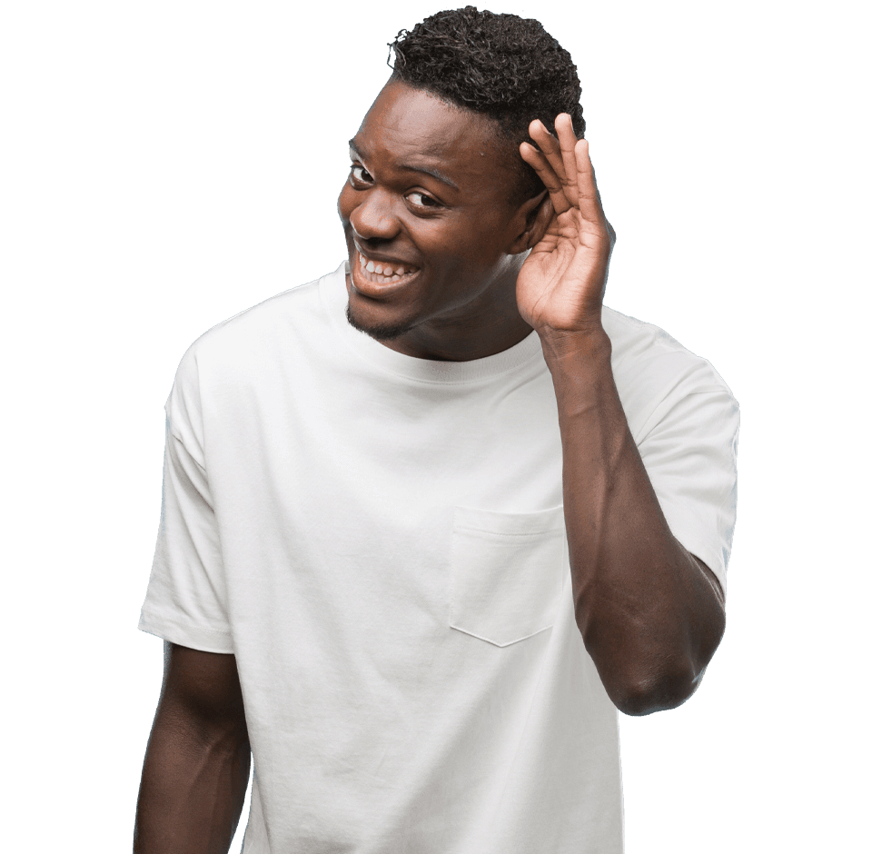 Man with his hand held up to his ear