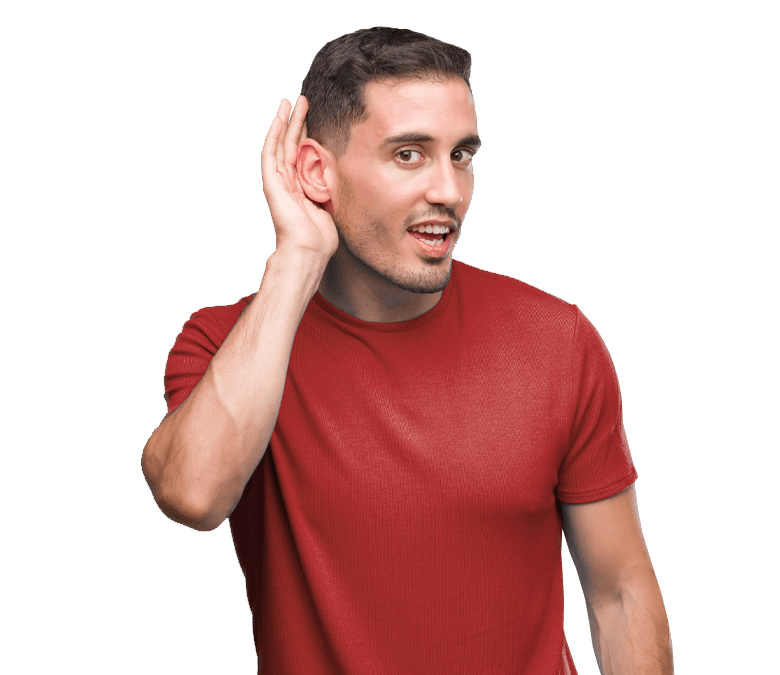 Man with his hand up to his ear