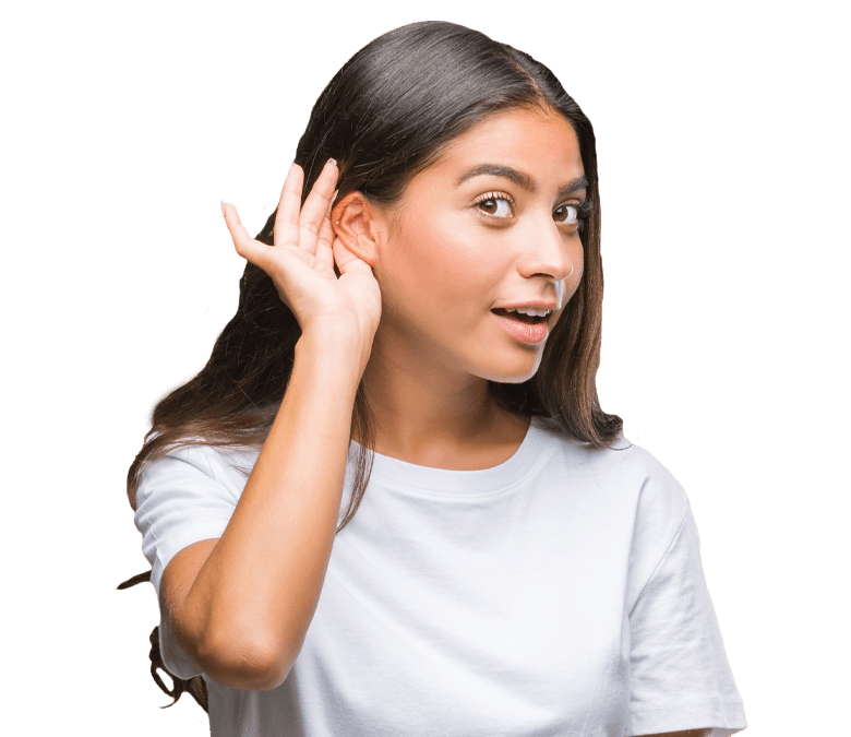 Woman with her hand held to her ear