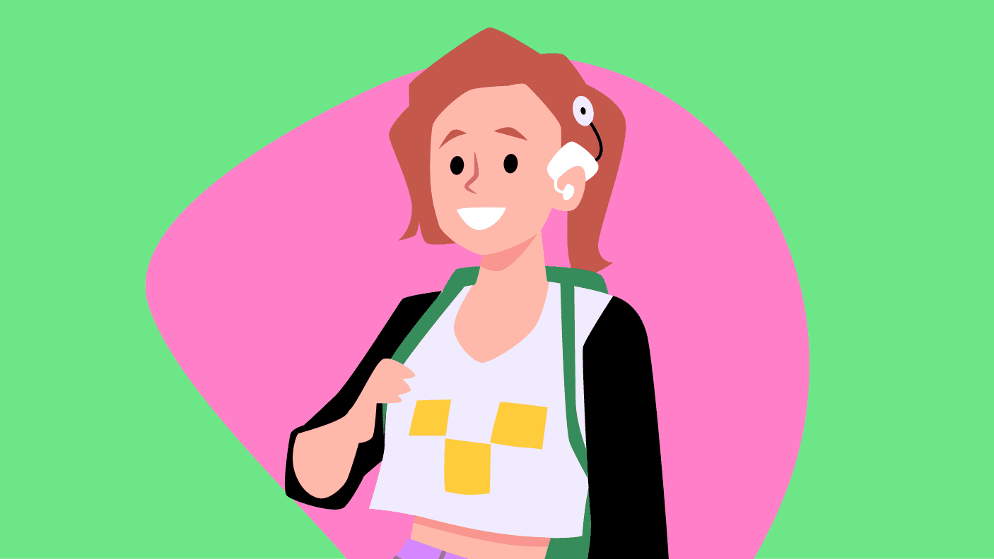 An illustration of a young woman wearing a backpack and cochlear implants
