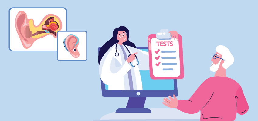 A doctor appears on a computer screen to discuss hearing test results and health options with a patient, illustrating a virtual consultation