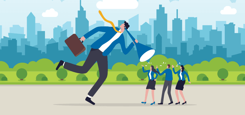 A professional carries a briefcase and holds a large megaphone toward a group of people, illustrating the concept of sound and communication