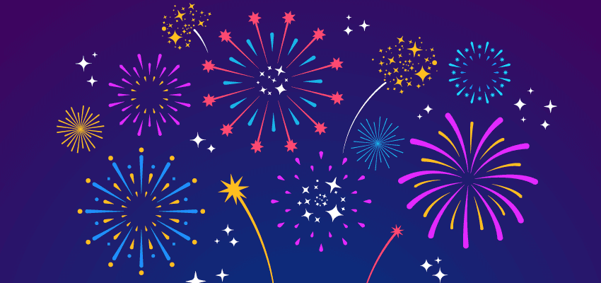 An illustration of vibrant fireworks bursting in various shapes and colors against a dark night sky, representing a loud festive celebration