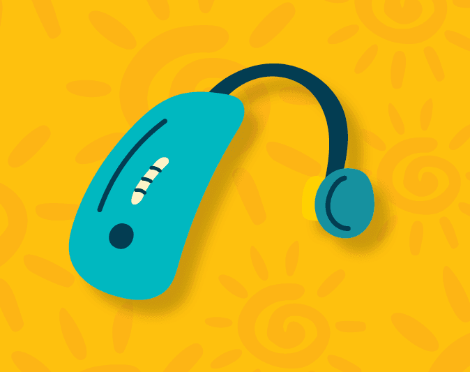 Graphic illustration of a teal hearing aid against a bright yellow background patterned with swirling suns