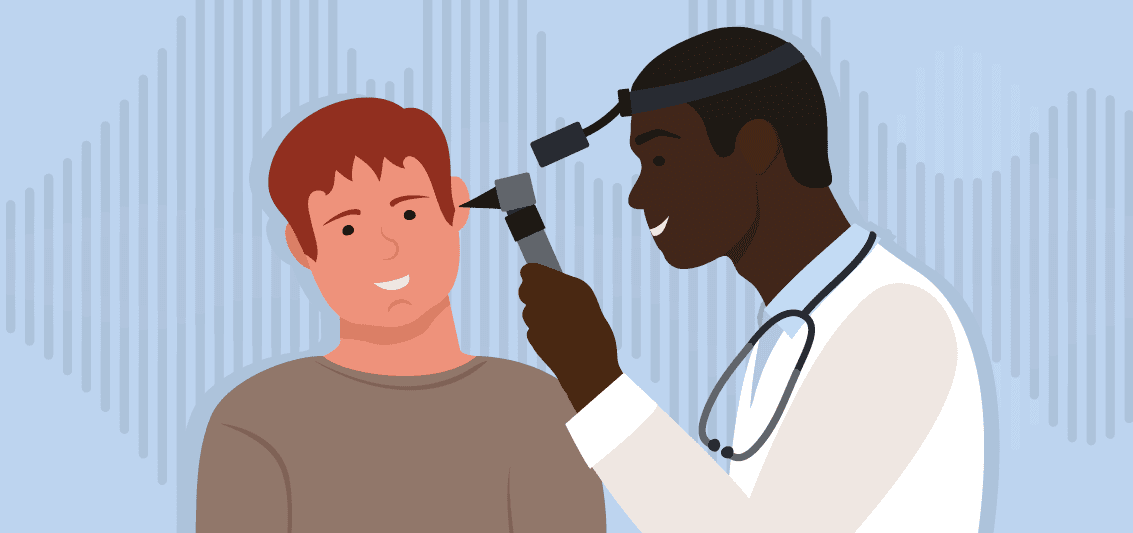 A doctor using an otoscope to examine a patient's ear against a background of audio soundwaves