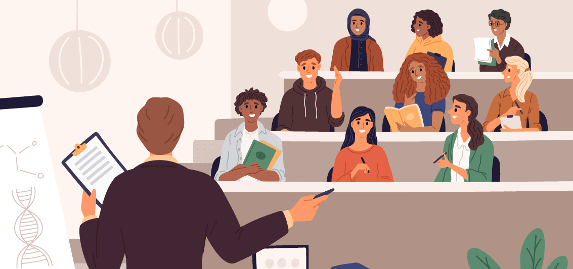 A professor stands at the front of a lecture hall, holding a clipboard and teaching a diverse group of attentive university students