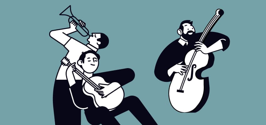 Graphic illustration of two musicians playing together: one standing and playing a trumpet while the other plays an acoustic guitar