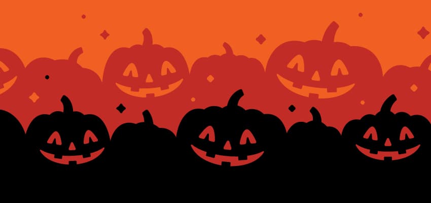 A group of carved, smiling jack-o'-lantern silhouettes gathered against a vibrant orange Halloween backdrop