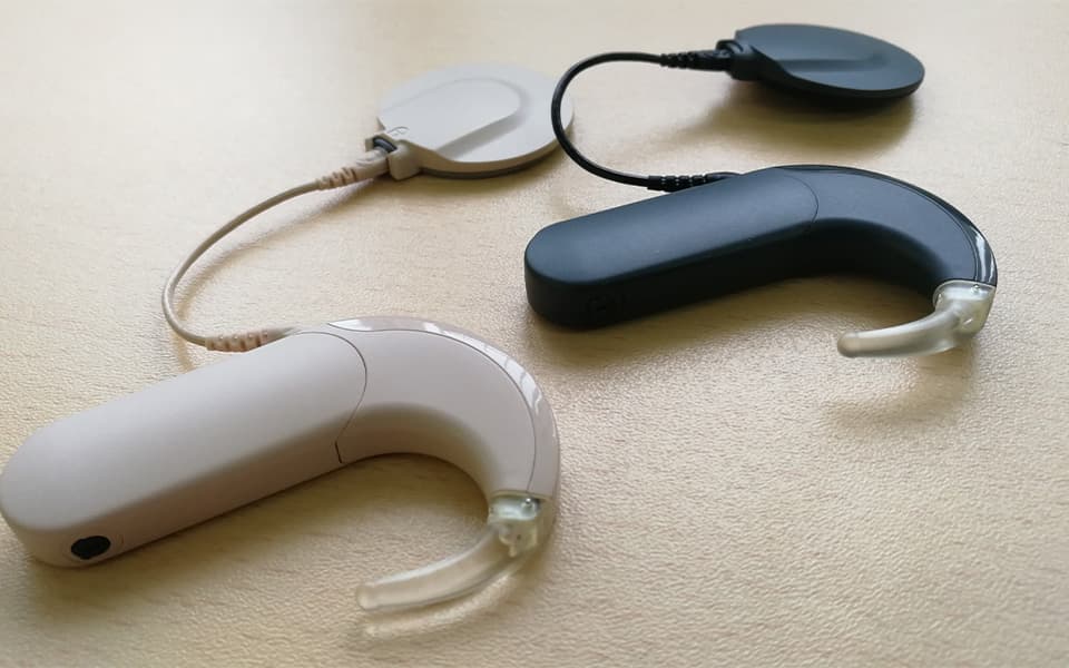 Image of a gray and a black cochlear implant.