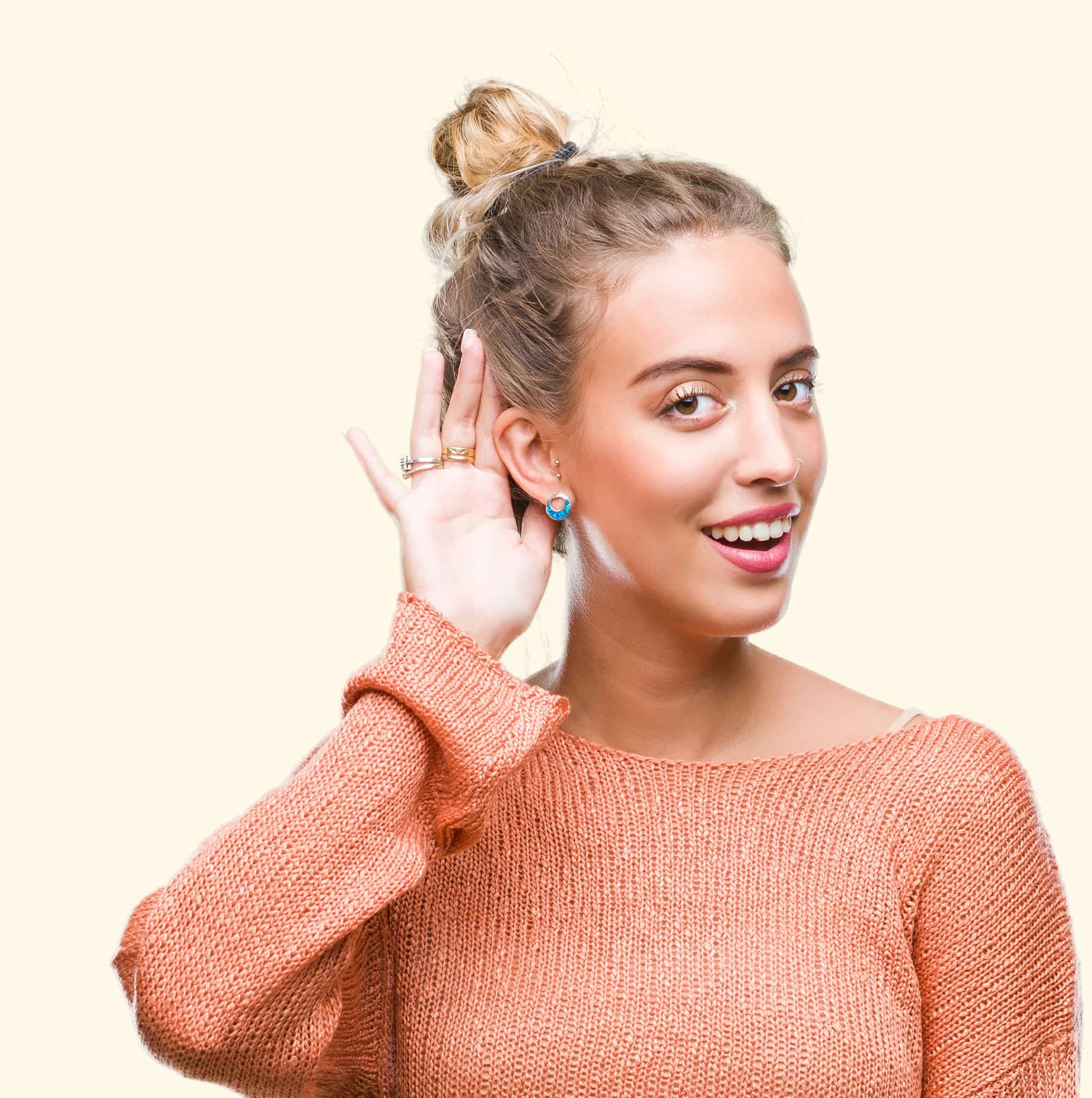 Testimonial Banner Image of woman holder her hand up to her ear