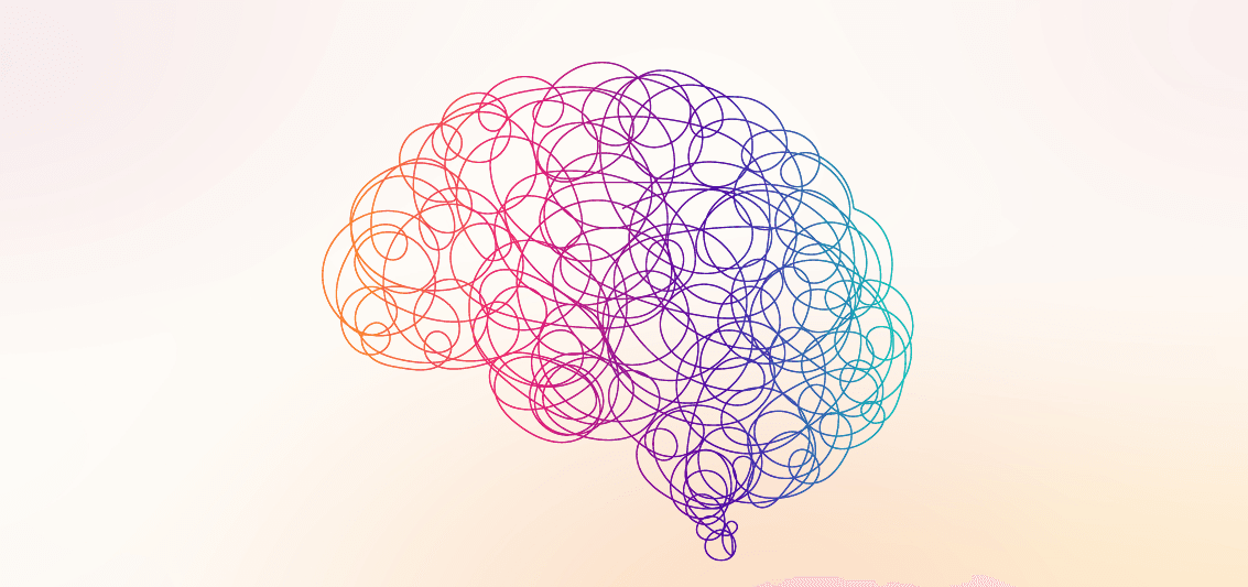 An abstract illustration of a human brain formed by a single tangled, scribbled line with a rainbow color gradient on a light background