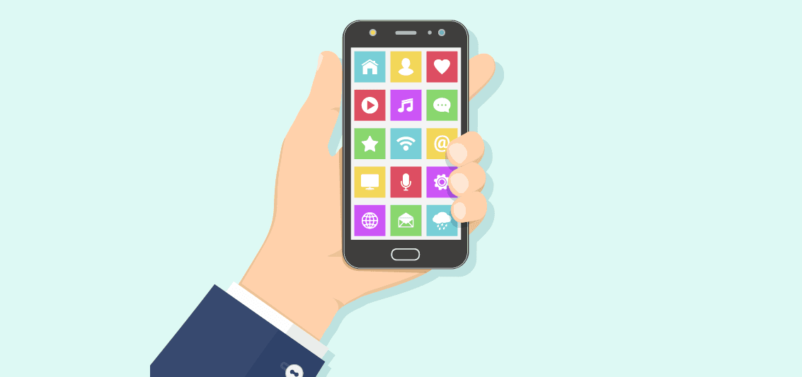 An illustration of a hand in a suit sleeve holding a black smartphone displaying a grid of colorful app icons against a light blue background