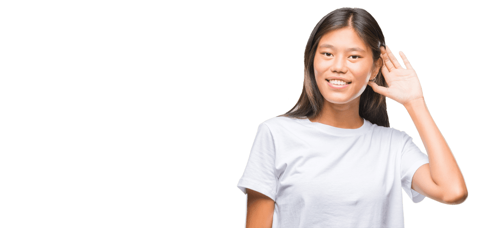 Woman with her hand up to her ear