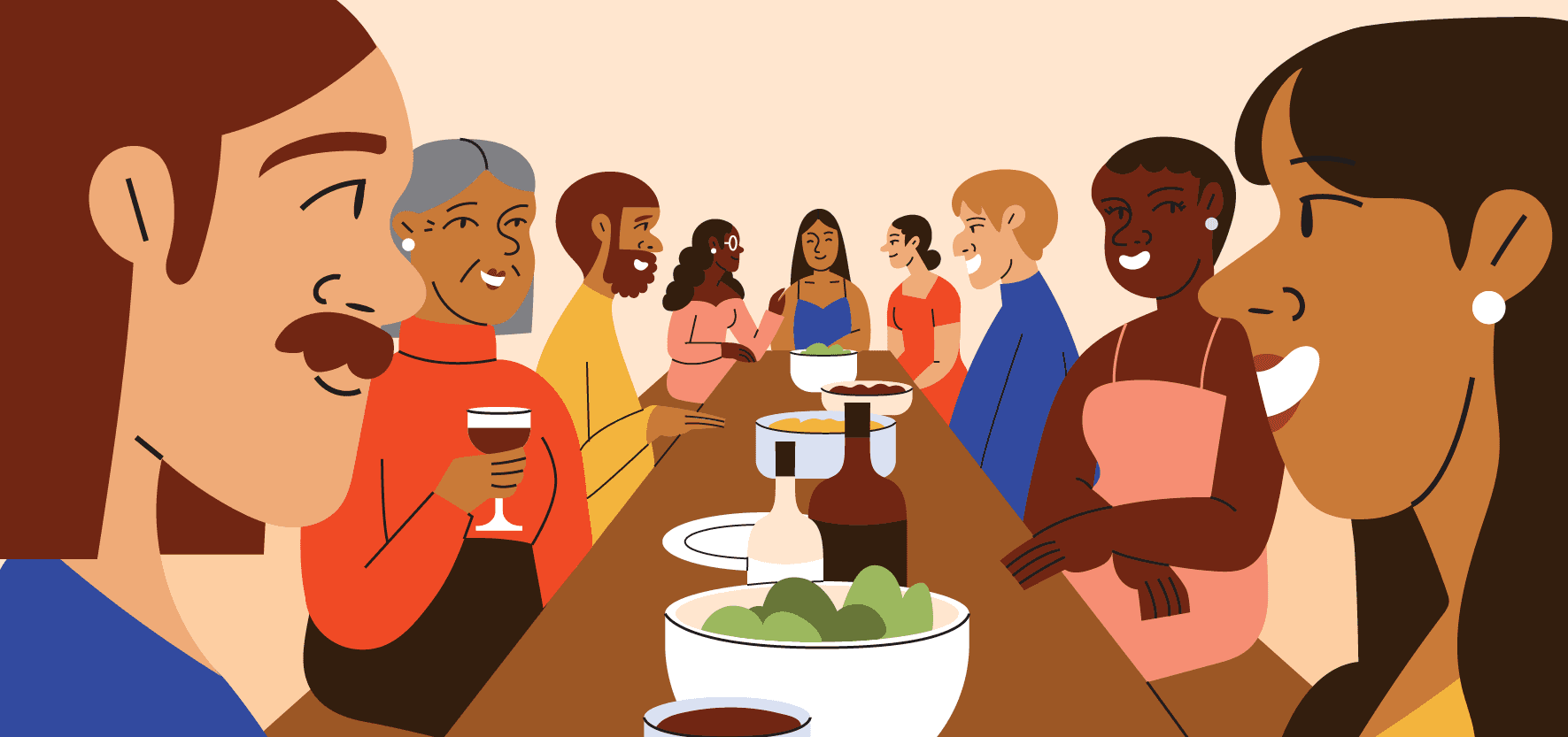 bring and colorful illustration of family gathered around a table for dinner